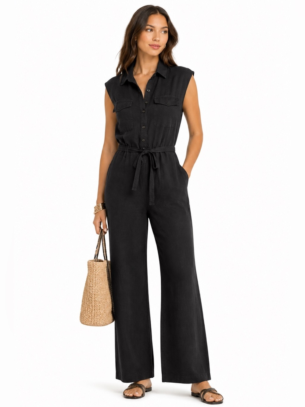 YFB Linen Blend Button Front Cuba Jumpsuit S Black